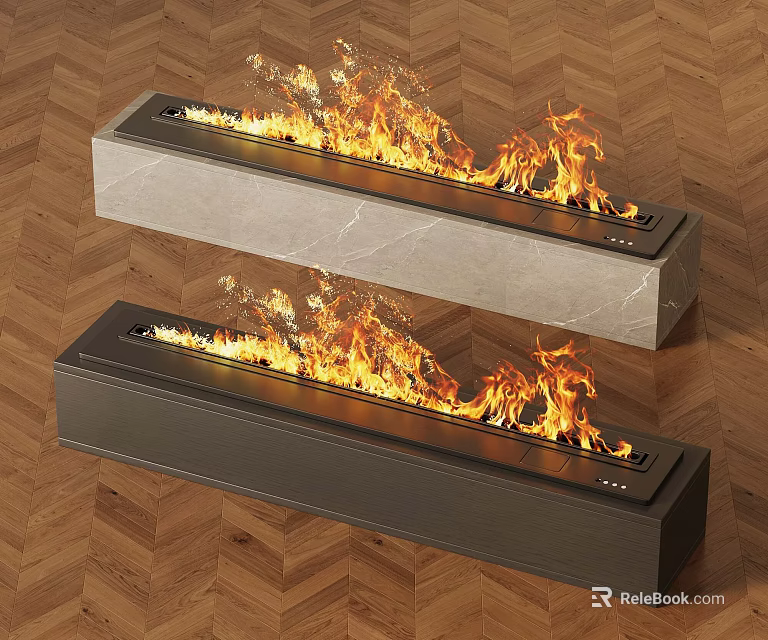 Modern Linear Fireplaces With Burning Flames On Herringbone Pattern Wooden Floor 3d model 