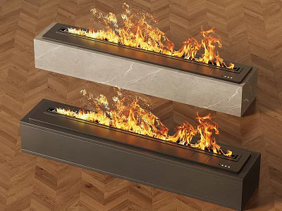 Modern Linear Fireplaces With Burning Flames On Herringbone Pattern Wooden Floor 3d model