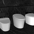 Three Modern White Toilets In Gray Marble Bathroom Design With Sleek Look