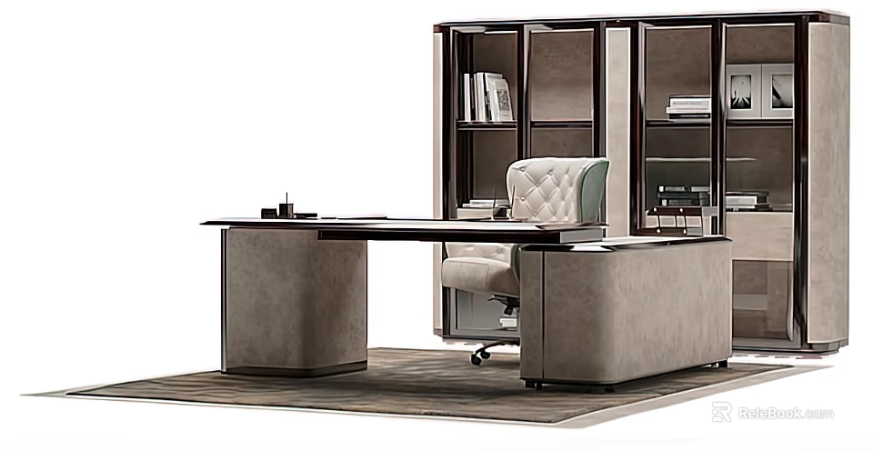 Modern Office Desk Setup With Upholstered Chair And Glass Door Bookshelf 3d model 