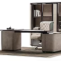 Modern Office Desk Setup With Upholstered Chair And Glass Door Bookshelf