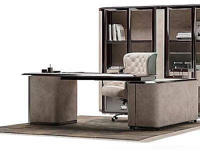 Modern Office Desk Setup With Upholstered Chair And Glass Door Bookshelf 3d model