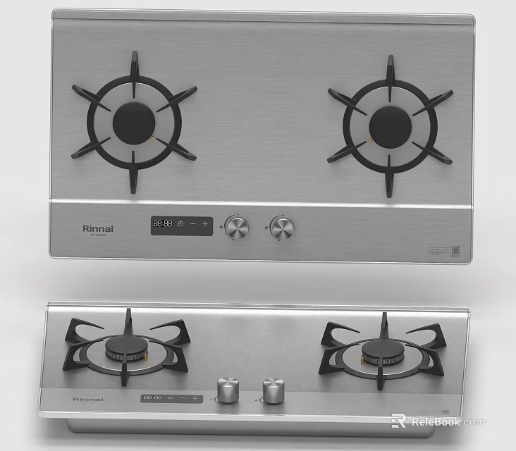Modern Home Gas Stove With Two Burners Stainless Steel Surface And Control Knobs 3d model 