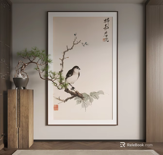 Traditional Plant Painting With Branches Leaves Bird On Wall Wooden Cabinet Pine Decor 3d model 