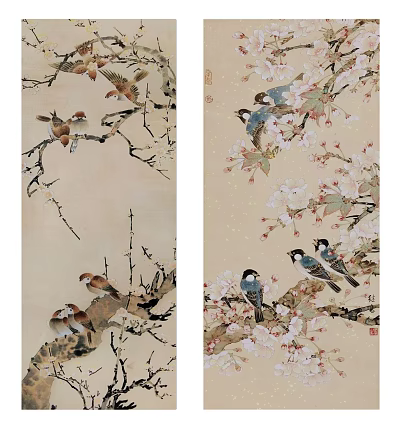 Traditional Chinese Ink Painting With Birds Perched On Blossom Branches Natural Art 3d model