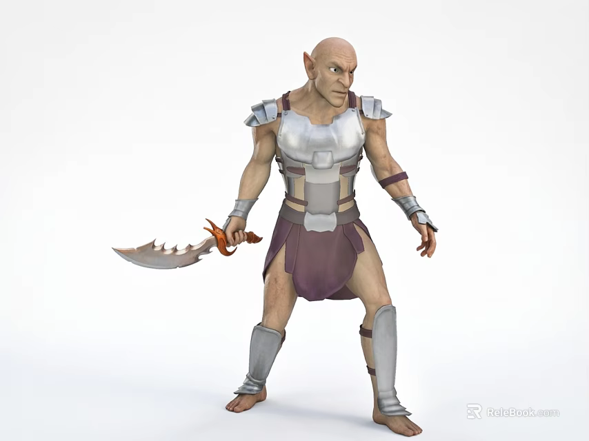 Detailed Fantasy Warrior Doll with Silver Armor Serrated Sword Purple Skirt and Leg Guards 3d model 