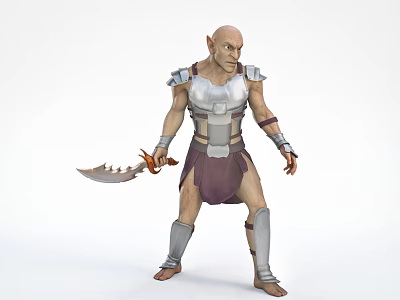 Detailed Fantasy Warrior Doll with Silver Armor Serrated Sword Purple Skirt and Leg Guards 3d model