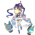 Game Anime Character With Purple Twin Tails White Pink Dress And Glowing Orb Companions