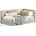 Cozy Kids Bed With Upholstered Headboard Multiple Pillows And Soft Blanket In Beige White Tones