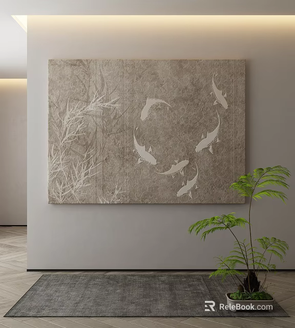 Abstract Painting Hanging On Wall With Gray Background White Koi Fish Bamboo And Green Plant 3d model 