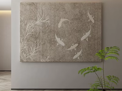 Abstract Painting Hanging On Wall With Gray Background White Koi Fish Bamboo And Green Plant 3d model