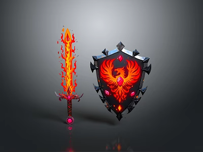 Mythical Flaming Sword and Phoenix Design Shield with Red Gemstones and Glowing Accents 3d model