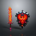 Mythical Flaming Sword and Phoenix Design Shield with Red Gemstones and Glowing Accents