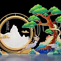 Traditional Chinese Decorative Art With Circular Frame Pine Tree Mountain Clouds And Figure 3d model
