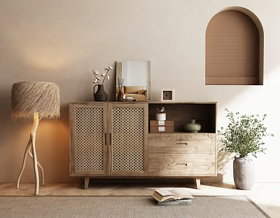 Natural Wooden Console Cabinet Sideboard With Woven Door Panels Decorative Items And Potted Plant 3d model