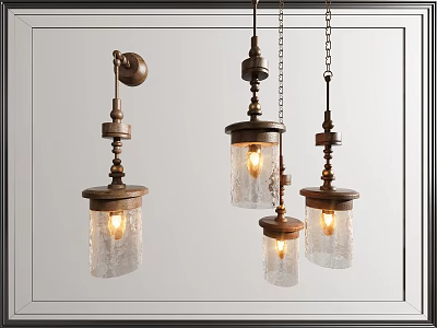 Vintage Brass Pendant Light Fixture Combination With Textured Glass Shades And Warm Glow 3d model