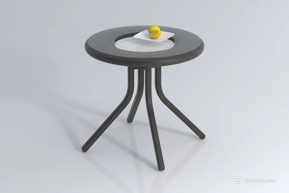 Round Black Coffee Table with Three Legs and White Plate Yellow Fruit 3d model 