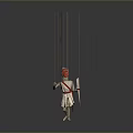 Game Movie Character Marionette With Red Mask Holding Sword And Shield Controlled By Strings