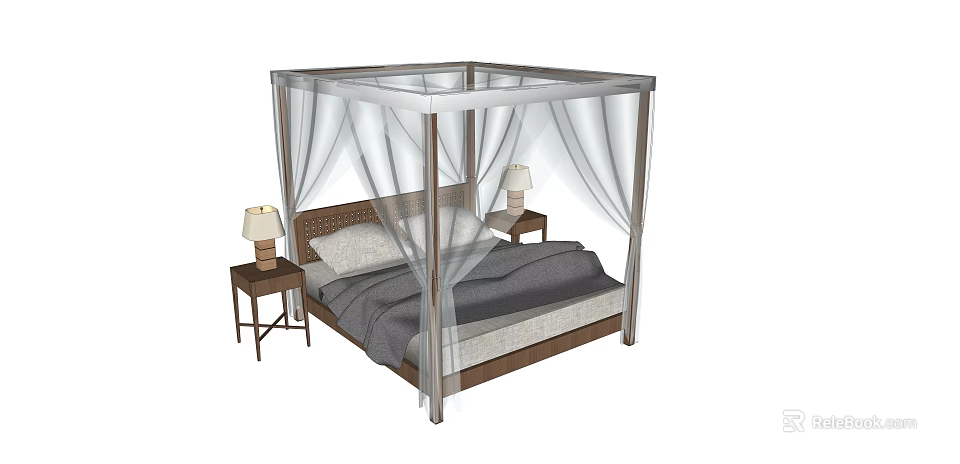 Elegant Four Poster Double Bed With White Canopy Curtains Wooden Nightstands And Table Lamps 3d model 
