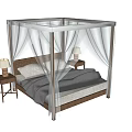 Elegant Four Poster Double Bed With White Canopy Curtains Wooden Nightstands And Table Lamps