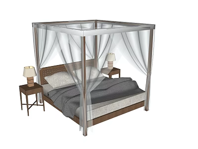 Elegant Four Poster Double Bed With White Canopy Curtains Wooden Nightstands And Table Lamps 3d model
