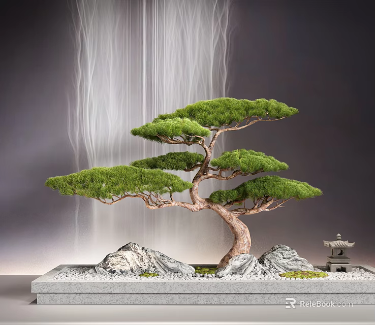 Miniature Garden with Bonsai Pine Tree Curved Trunk Green Needles Water Stream Rocks and Pavilion 3d model 