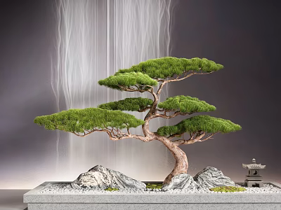 Miniature Garden with Bonsai Pine Tree Curved Trunk Green Needles Water Stream Rocks and Pavilion 3d model
