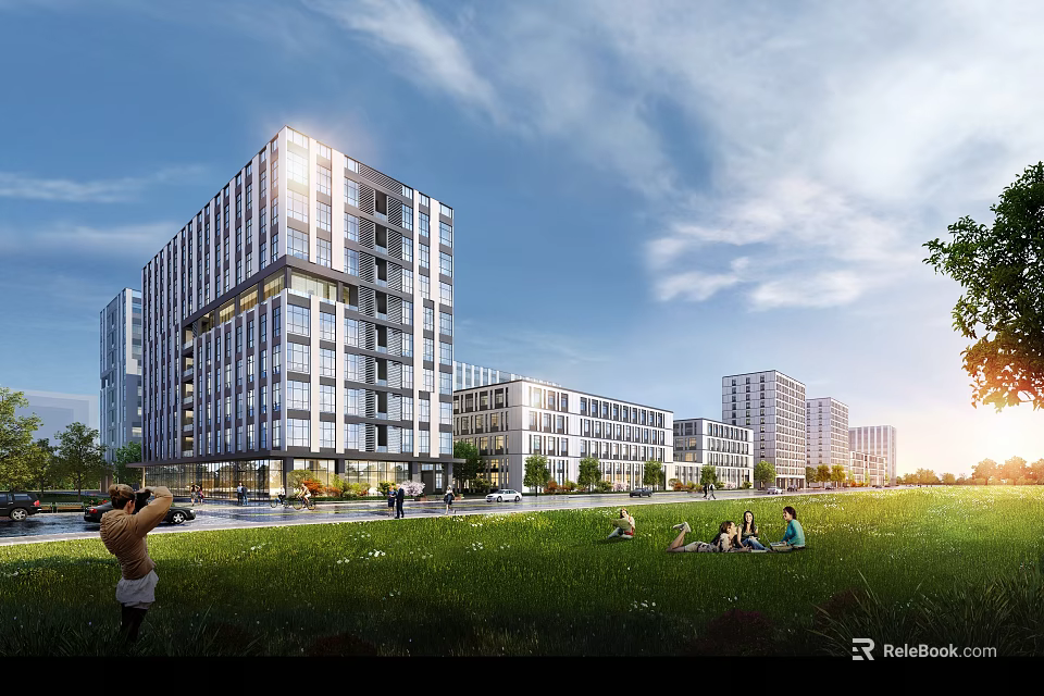 Modern High Rise Office Building Exterior with Green Grassland and People Relaxing Under Blue Sky 3d model 