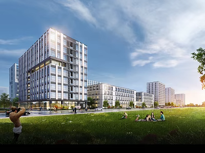Modern High Rise Office Building Exterior with Green Grassland and People Relaxing Under Blue Sky 3d model
