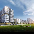 Modern High Rise Office Building Exterior with Green Grassland and People Relaxing Under Blue Sky