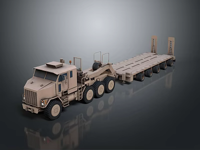 Beige Military Heavy Duty Tow Truck With Flatbed Trailer And Multiple Wheels 3d model
