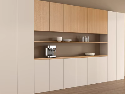 Modern Sideboard Design With Wooden Cabinets White Shelves Coffee Machine Bowls And Bottles 3d model