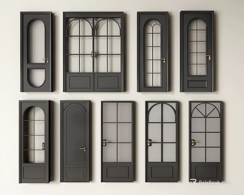 Black Finish Double Doors With Arched Glass Panels And Solid Wood Frames 3d model
