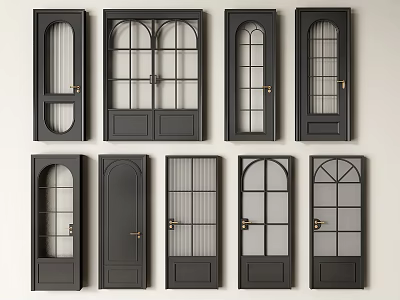 Black Finish Double Doors With Arched Glass Panels And Solid Wood Frames 3d model
