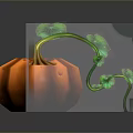 Fresh Orange Pumpkin With Green Leaves And Vines On Dark Background