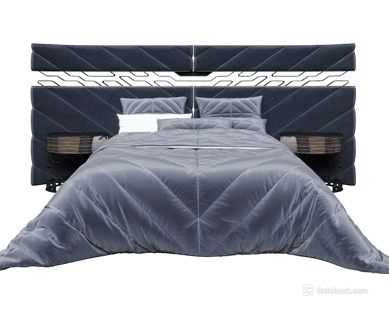 Modern Upholstered Double Bed With Geometric Pattern Headboard And Gray Bedding 3d model 