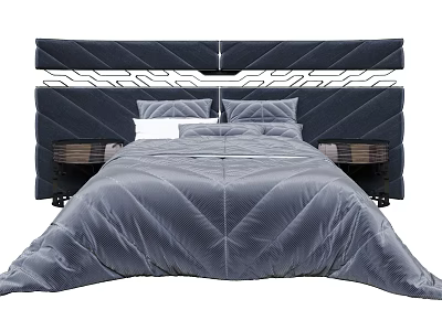 Modern Upholstered Double Bed With Geometric Pattern Headboard And Gray Bedding 3d model