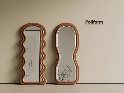 Poliform Wavy Wooden Frame Mirrors With Plant And Drawing Reflection 3d model