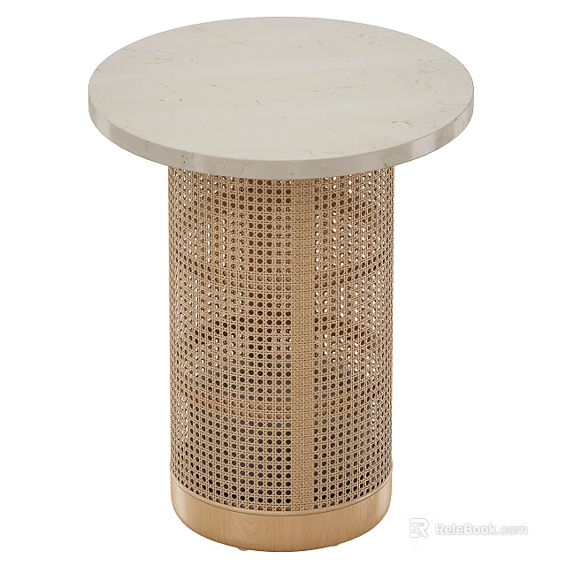 Modern Round Side Table With White Marble Top And Rattan Woven Base 3d model 