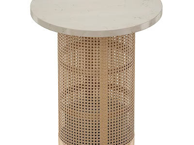 Modern Round Side Table With White Marble Top And Rattan Woven Base 3d model