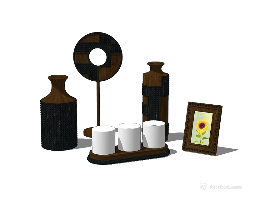Decorative Ornament Set With Circular Plate Woven Vases White Cups Sunflower Frame And Tray 3d model 