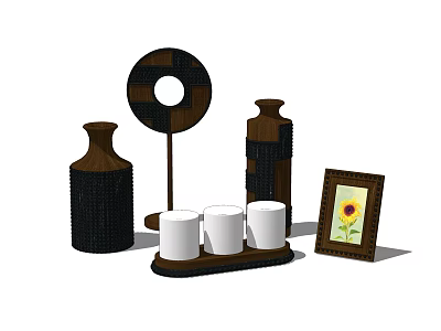 Decorative Ornament Set With Circular Plate Woven Vases White Cups Sunflower Frame And Tray 3d model