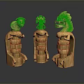 Three Intricate Wooden Carved Figures With Animal Heads And Traditional Attire On Reflective Base