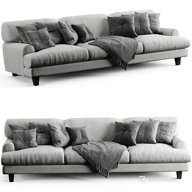 Modern Minimalist Fabric Three Seater Sofa With Plush Pillows And Cozy Throw Blanket 3d model