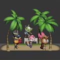 Playful Cartoon Beach Scene With Green Palm Trees And Animal Characters