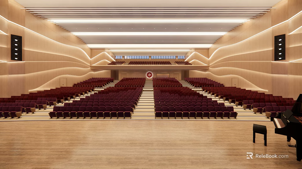 Spacious Conference Room With Red Seats Wooden Walls Podium And Linear Lighting 3d model 