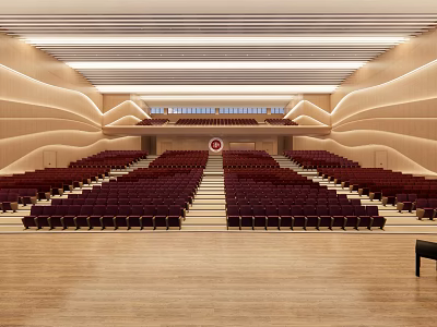 Spacious Conference Room With Red Seats Wooden Walls Podium And Linear Lighting 3d model