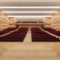 Spacious Conference Room With Red Seats Wooden Walls Podium And Linear Lighting