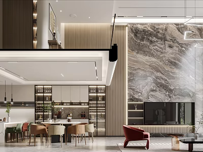 Modern Duplex Living Room Interior Design With Marble Wall And Pendant Lights 3d model