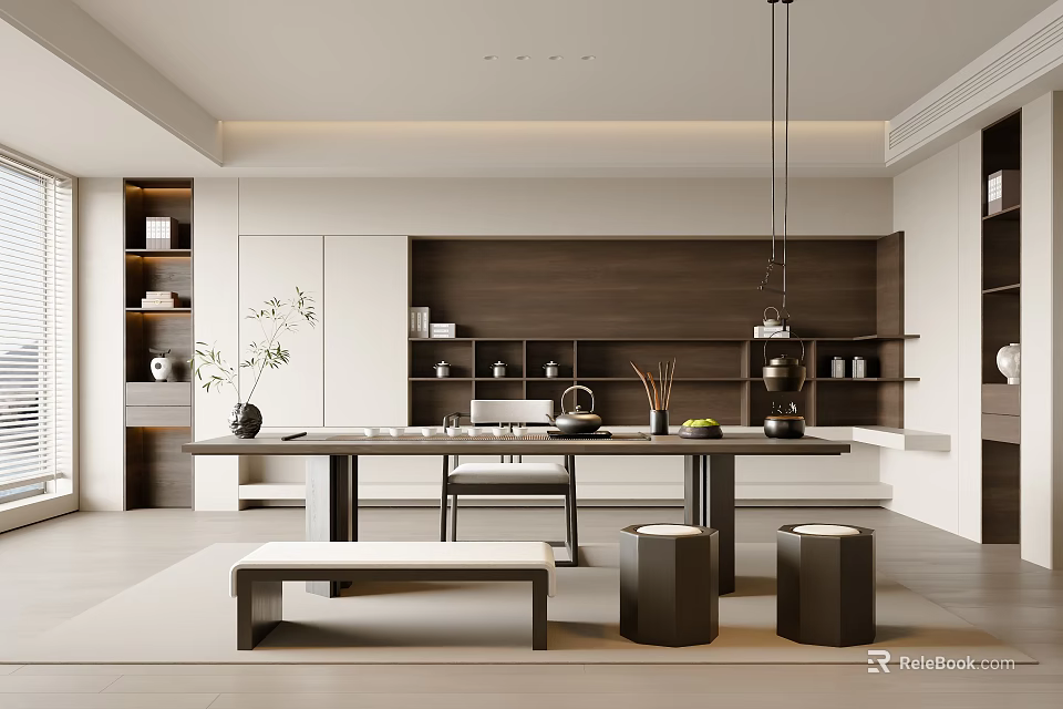 Serene Modern Tea Room Interior With Wooden Shelves Tea Sets Table And Stools 3d model 